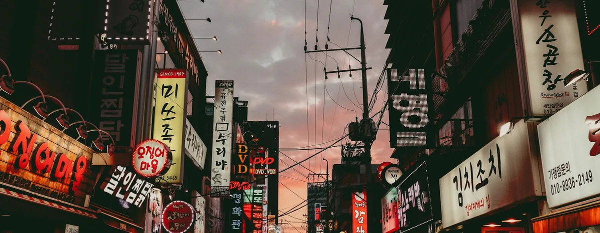 Korean shop signs lit up along a city street at dusk