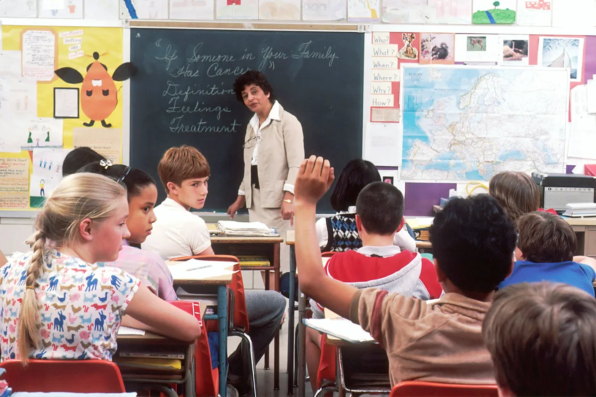 Teacher at a chalkboard while primary students raise their hands