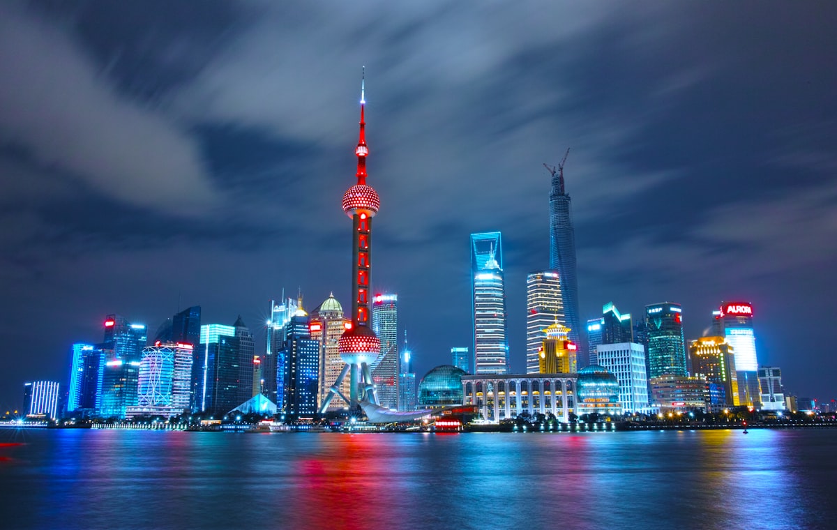 Shanghai skyline at dusk along the Bund